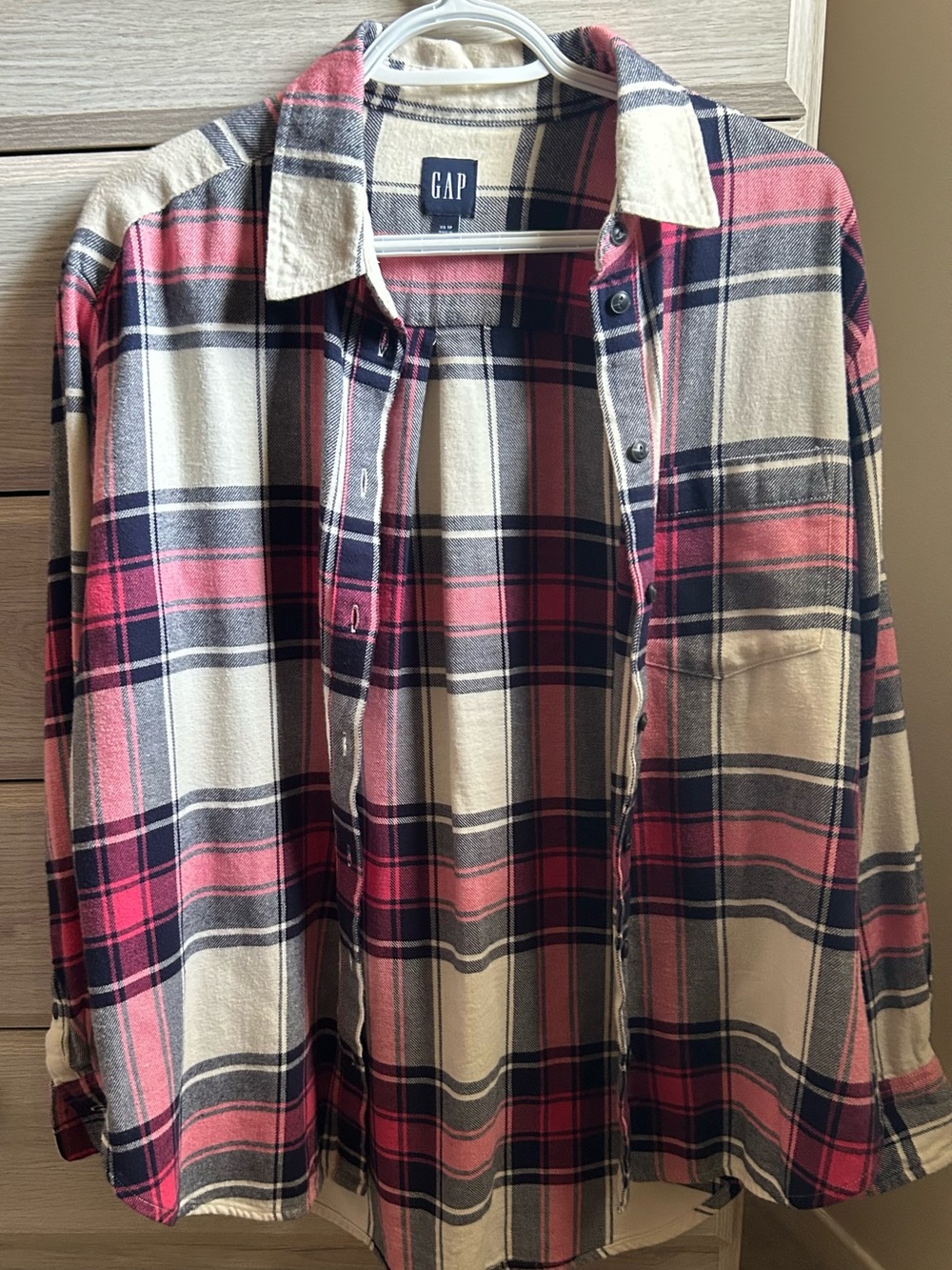 GAP oversized women Pink and Navy Plaid Button-Down Shirt